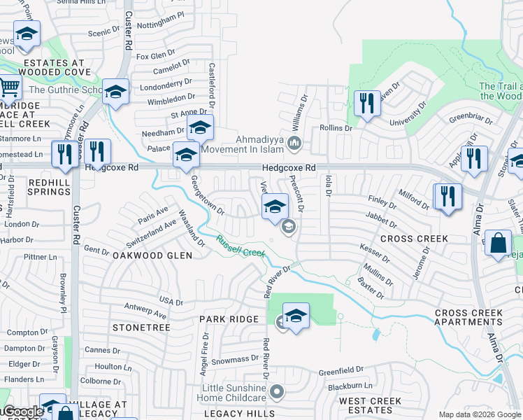 map of restaurants, bars, coffee shops, grocery stores, and more near 7809 Gibsland Drive in Plano