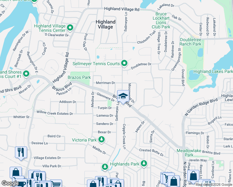map of restaurants, bars, coffee shops, grocery stores, and more near 489 Spruce Drive in Lewisville