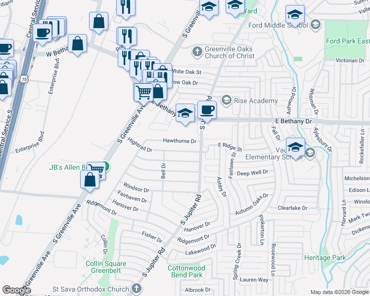 map of restaurants, bars, coffee shops, grocery stores, and more near 550 Hawthorne Drive in Allen