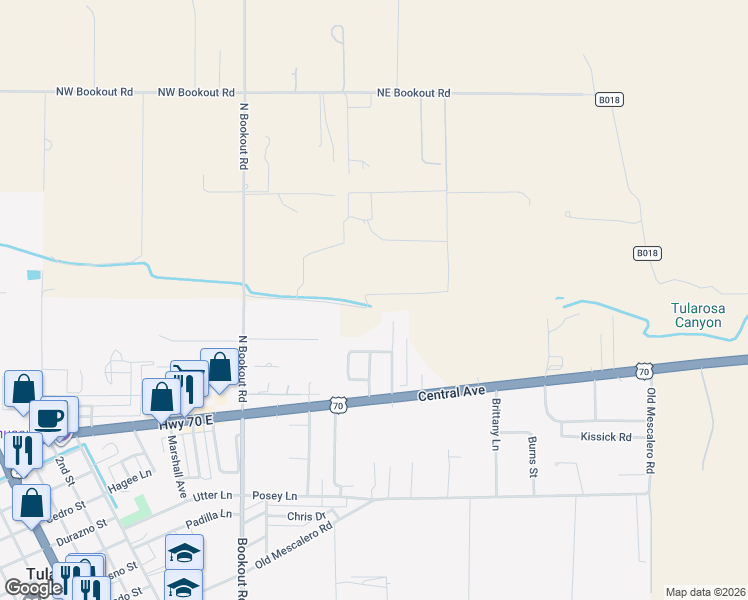 map of restaurants, bars, coffee shops, grocery stores, and more near 42-44 Baca Farms Road in Tularosa