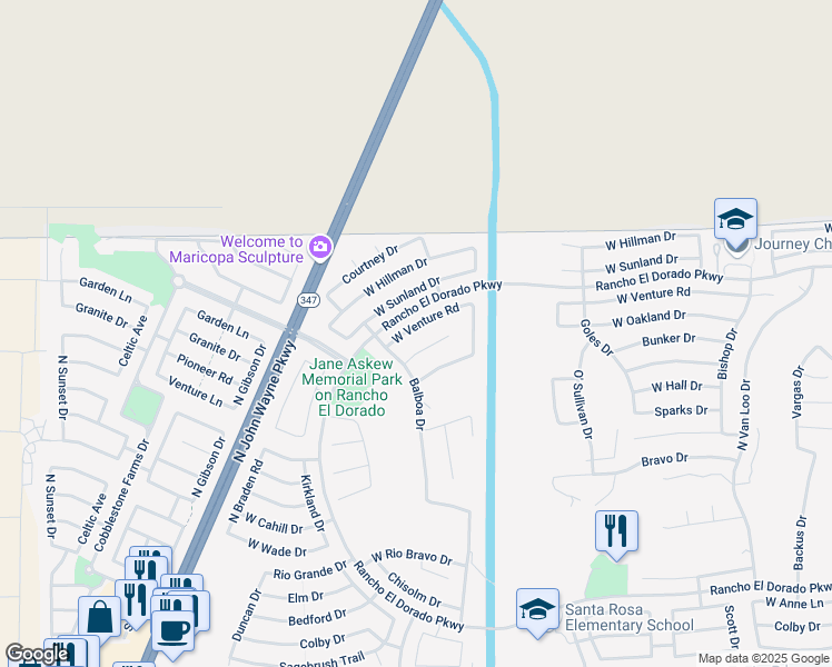 map of restaurants, bars, coffee shops, grocery stores, and more near 43345 Venture Lane in Maricopa