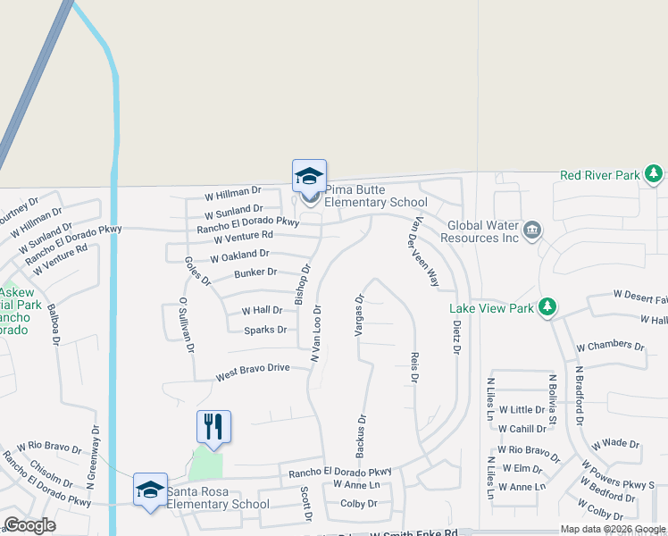 map of restaurants, bars, coffee shops, grocery stores, and more near 22409 North Van Loo Drive in Maricopa
