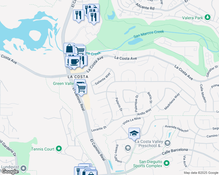 map of restaurants, bars, coffee shops, grocery stores, and more near 2111 Levante Street in Carlsbad