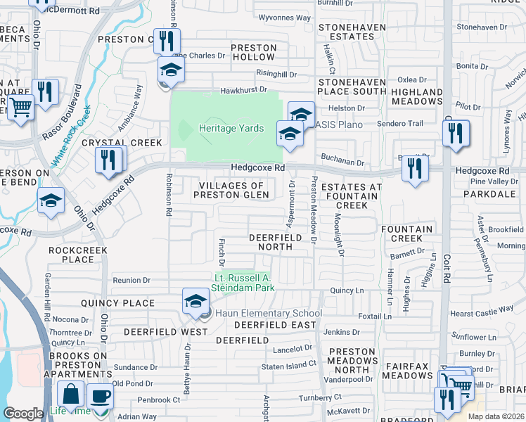 map of restaurants, bars, coffee shops, grocery stores, and more near 4549 Kentucky Drive in Plano