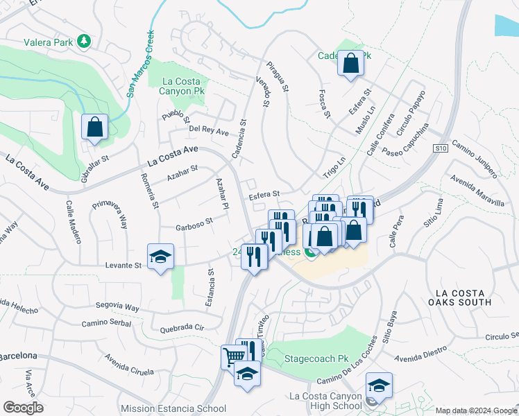 map of restaurants, bars, coffee shops, grocery stores, and more near 3329 Vivienda Circle in Carlsbad