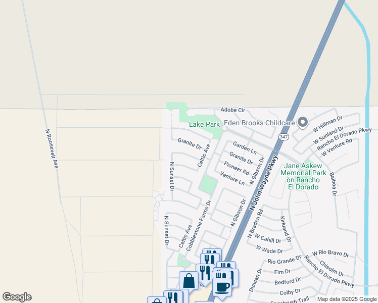 map of restaurants, bars, coffee shops, grocery stores, and more near 44562 Venture Lane in Maricopa