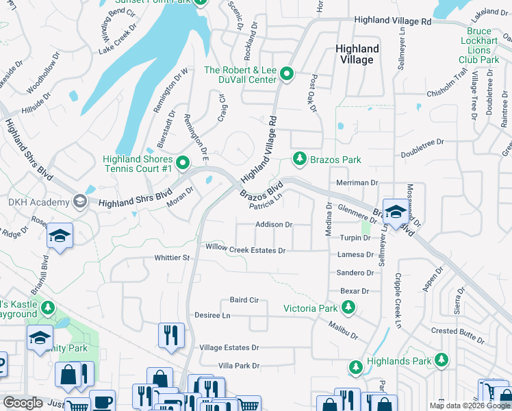 map of restaurants, bars, coffee shops, grocery stores, and more near 204 Patricia Ln in Highland Village