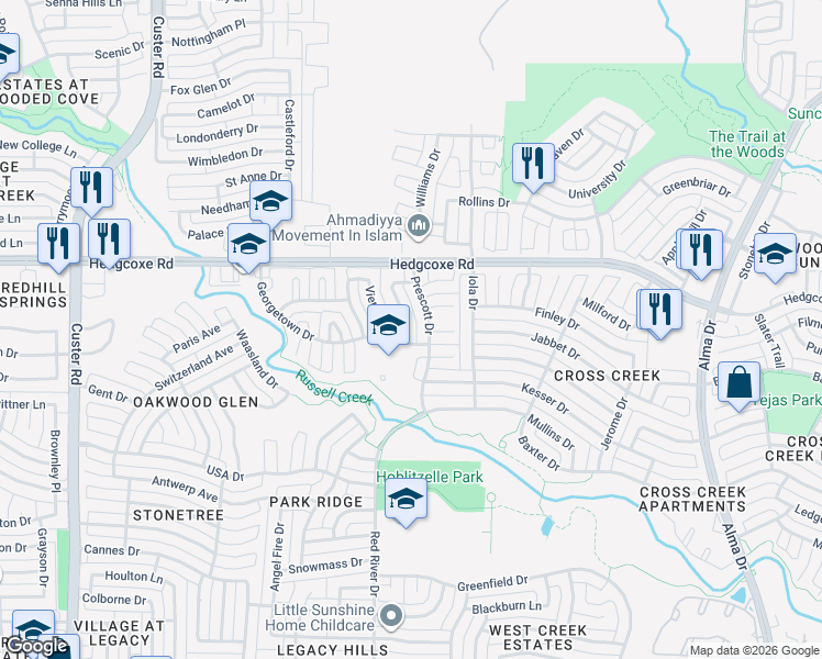 map of restaurants, bars, coffee shops, grocery stores, and more near 7808 Steppington Drive in Plano