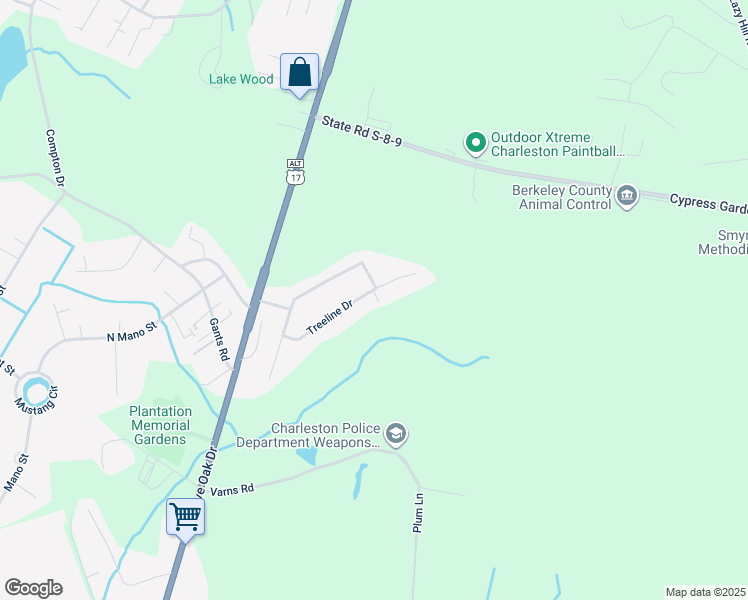 map of restaurants, bars, coffee shops, grocery stores, and more near 427 Treeline Drive in Moncks Corner