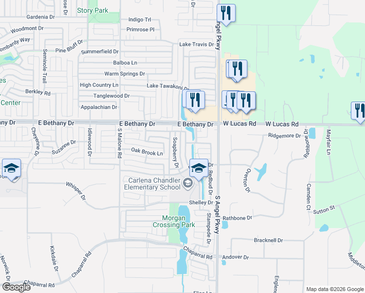 map of restaurants, bars, coffee shops, grocery stores, and more near 818 Soapberry Drive in Allen