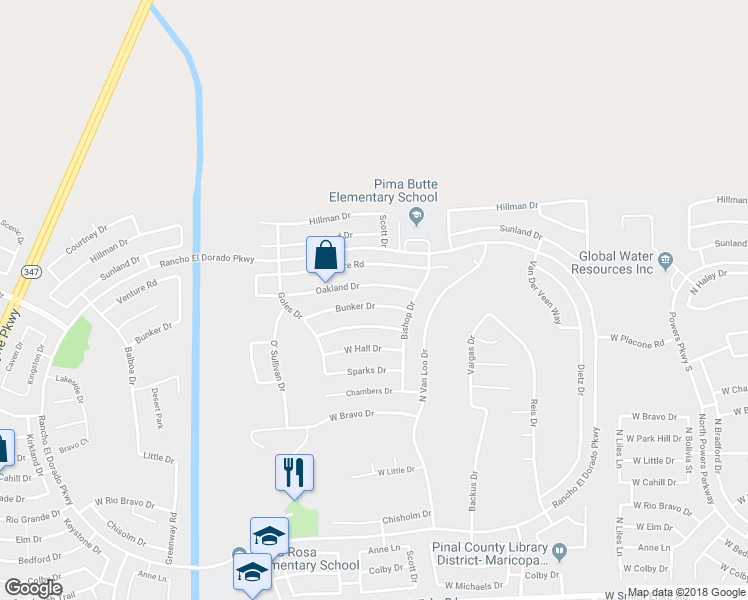 map of restaurants, bars, coffee shops, grocery stores, and more near 42384 West Bunker Drive in Maricopa