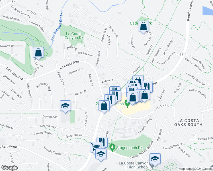 map of restaurants, bars, coffee shops, grocery stores, and more near 3333 Vivienda Circle in Carlsbad