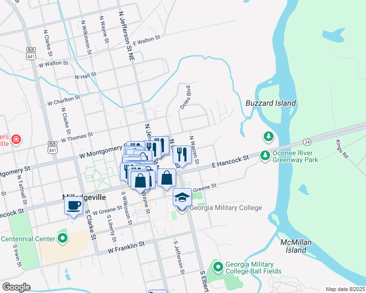 map of restaurants, bars, coffee shops, grocery stores, and more near 230 North Warren Street in Milledgeville