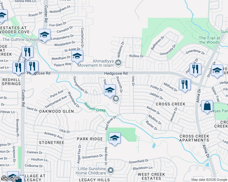 map of restaurants, bars, coffee shops, grocery stores, and more near 7808 Vienna Drive in Plano