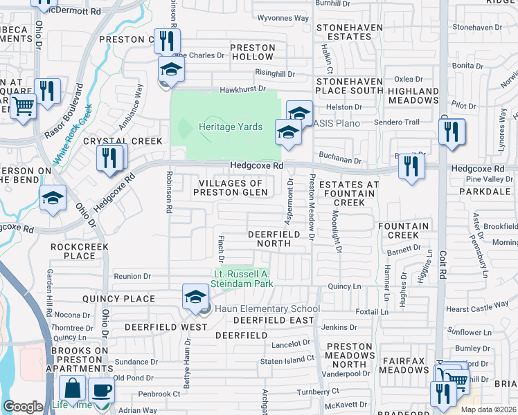 map of restaurants, bars, coffee shops, grocery stores, and more near 4549 Kentucky Drive in Plano