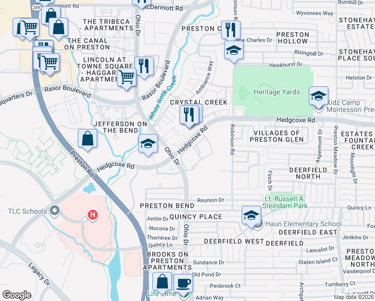 map of restaurants, bars, coffee shops, grocery stores, and more near 4640 Hedgcoxe Road in Plano