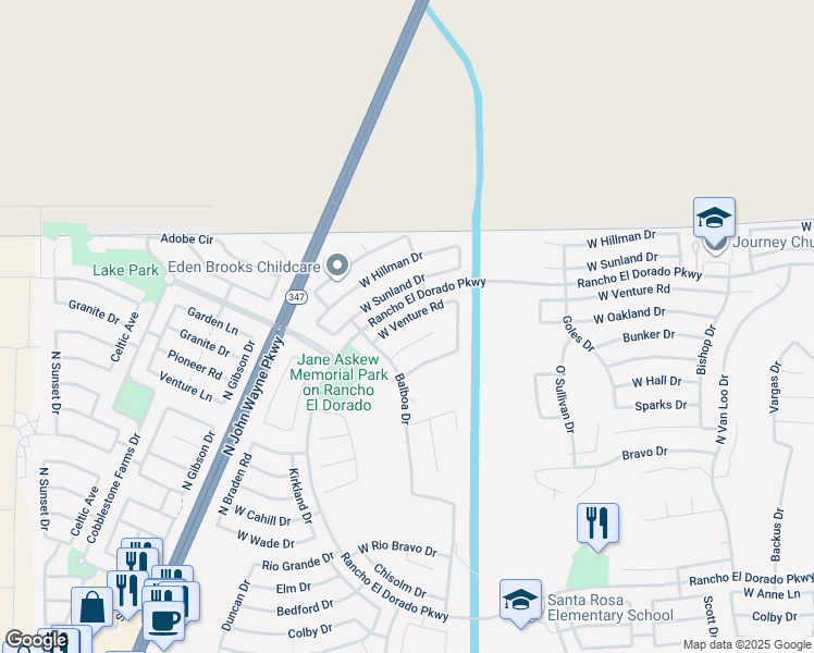 map of restaurants, bars, coffee shops, grocery stores, and more near 43345 Venture Lane in Maricopa