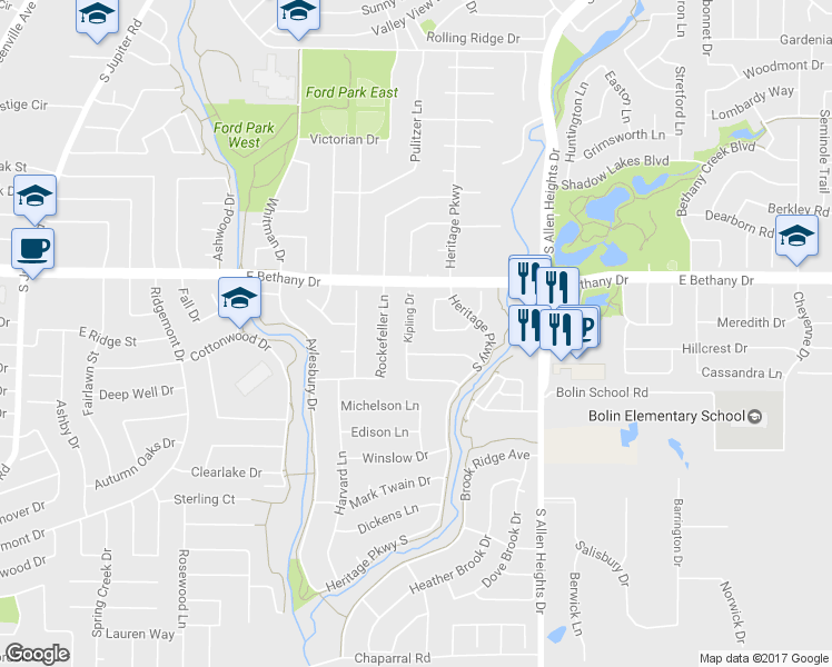 map of restaurants, bars, coffee shops, grocery stores, and more near 821 Kipling Drive in Allen