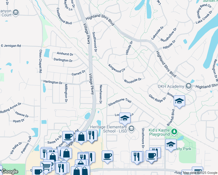 map of restaurants, bars, coffee shops, grocery stores, and more near 2434 Shetland Drive in Highland Village