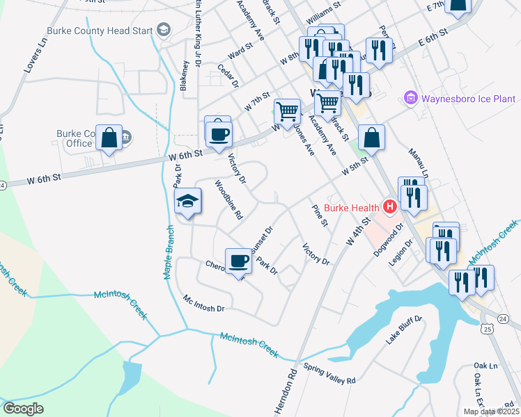 map of restaurants, bars, coffee shops, grocery stores, and more near 503 Victory Drive in Waynesboro
