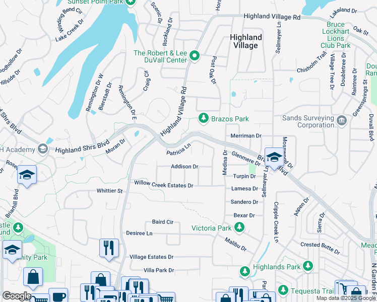 map of restaurants, bars, coffee shops, grocery stores, and more near 405 Rembert Court in Highland Village