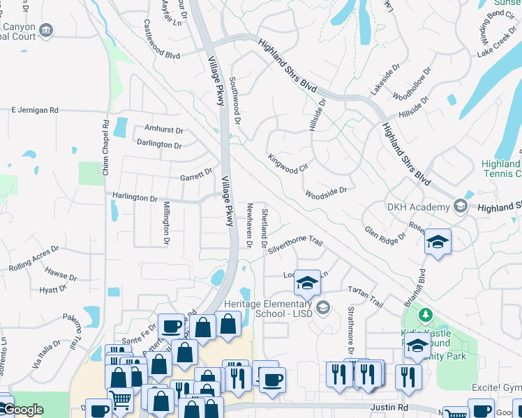 map of restaurants, bars, coffee shops, grocery stores, and more near 2437 Shetland Drive in Highland Village