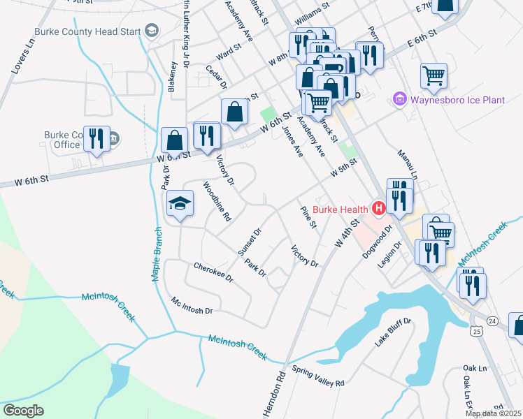 map of restaurants, bars, coffee shops, grocery stores, and more near 503 Victory Drive in Waynesboro