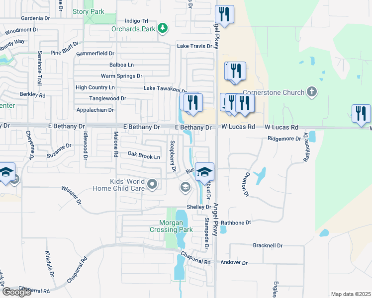 map of restaurants, bars, coffee shops, grocery stores, and more near 815 Water Oak Drive in Allen