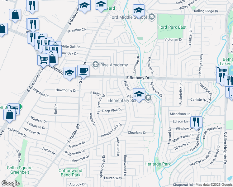 map of restaurants, bars, coffee shops, grocery stores, and more near 715 East Ridge Street in Allen
