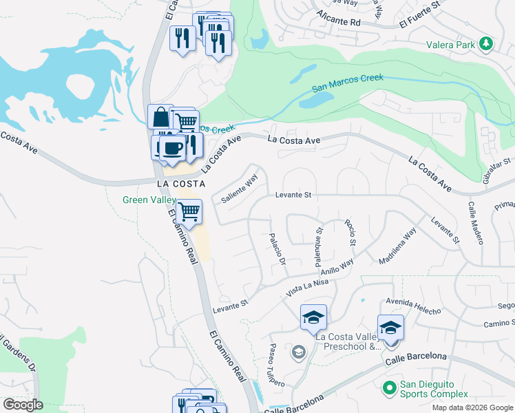 map of restaurants, bars, coffee shops, grocery stores, and more near 2121 Levante Street in Carlsbad
