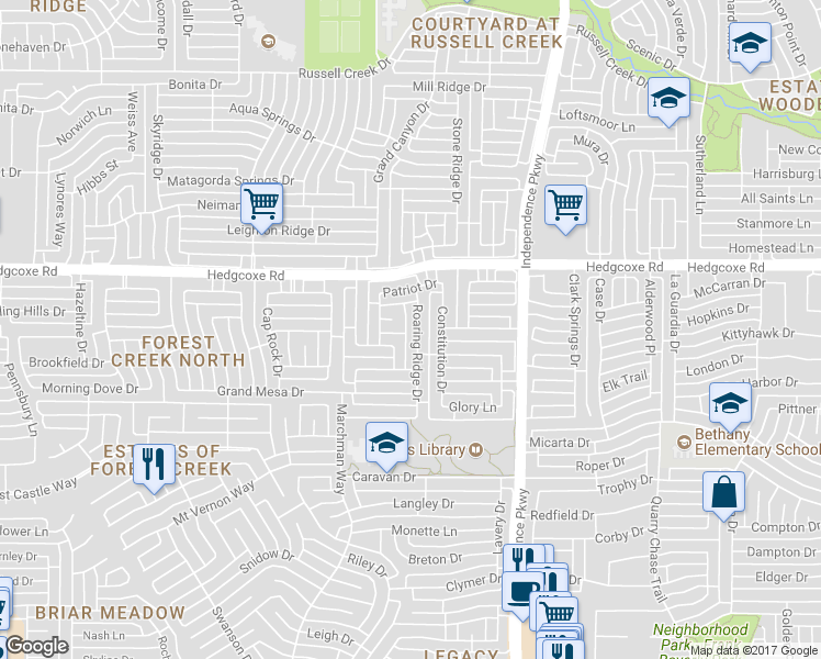 map of restaurants, bars, coffee shops, grocery stores, and more near 7813 Roaring Ridge Drive in Plano