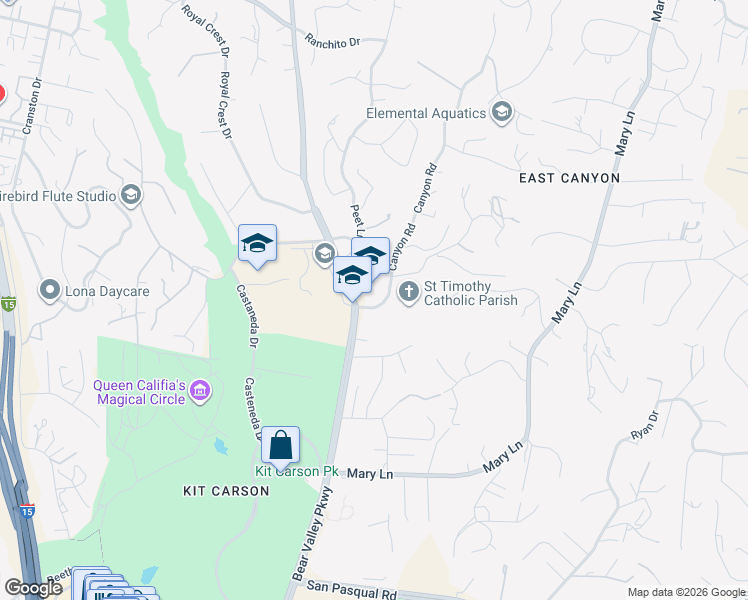 map of restaurants, bars, coffee shops, grocery stores, and more near 2950 Bear Valley Parkway in Escondido