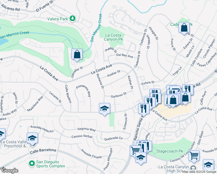 map of restaurants, bars, coffee shops, grocery stores, and more near 3005 Cadencia Street in Carlsbad