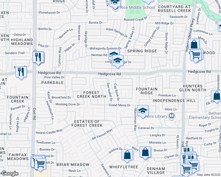 map of restaurants, bars, coffee shops, grocery stores, and more near 7808 San Isabel Drive in Plano