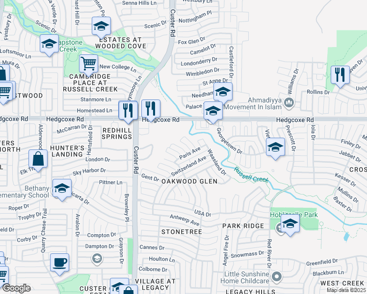 map of restaurants, bars, coffee shops, grocery stores, and more near 7804 Hamburg Court in Plano