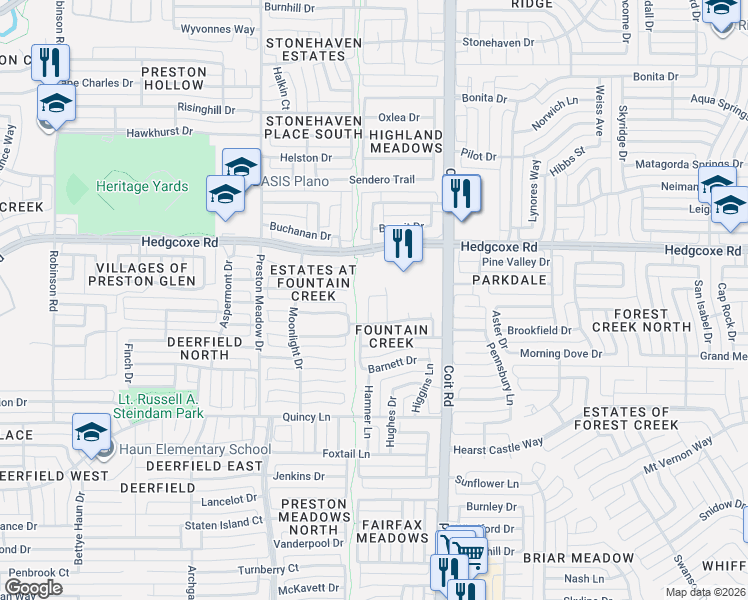 map of restaurants, bars, coffee shops, grocery stores, and more near 7817 Kinman Lane in Plano