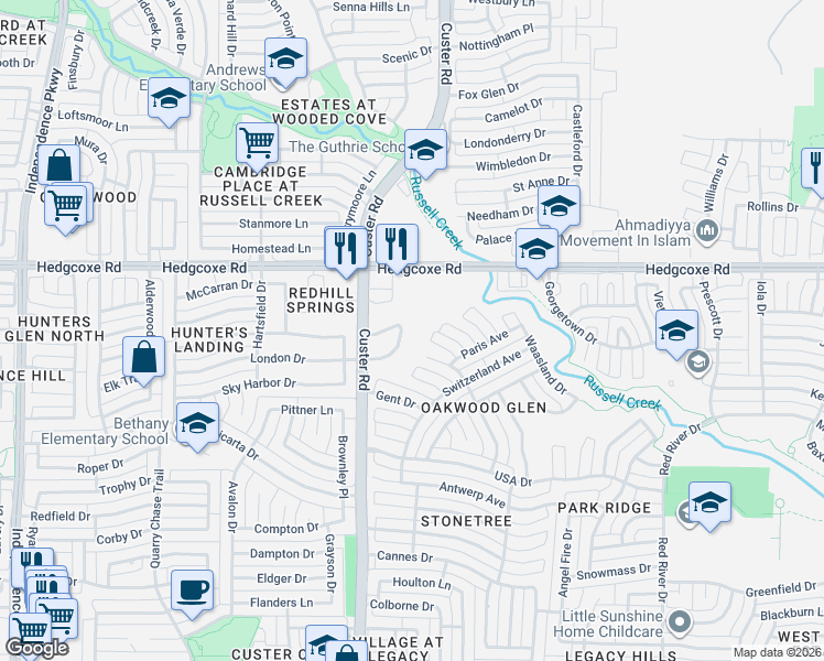 map of restaurants, bars, coffee shops, grocery stores, and more near 2104 London Drive in Plano