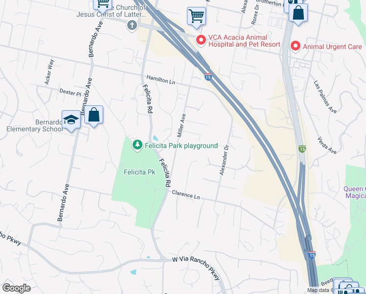 map of restaurants, bars, coffee shops, grocery stores, and more near 2612 Miller Avenue in Escondido