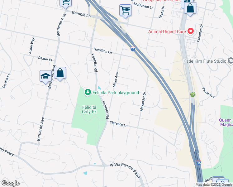 map of restaurants, bars, coffee shops, grocery stores, and more near 2612 Miller Avenue in Escondido