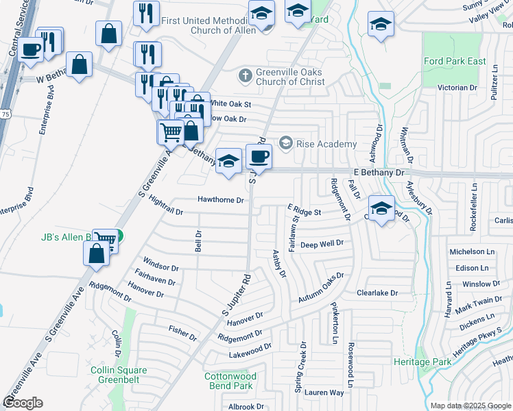 map of restaurants, bars, coffee shops, grocery stores, and more near 603 Hightrail Drive in Allen