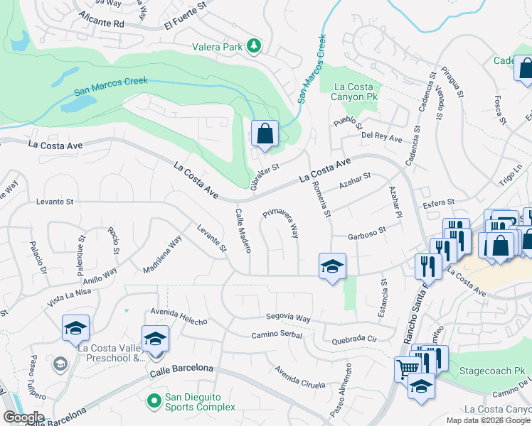 map of restaurants, bars, coffee shops, grocery stores, and more near 7607 Galleon Way in Carlsbad