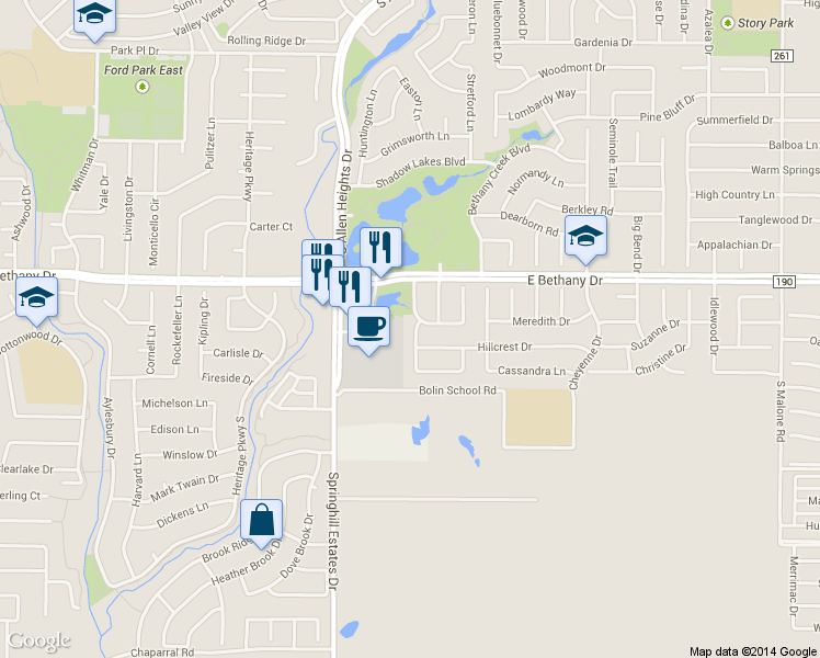 map of restaurants, bars, coffee shops, grocery stores, and more near 816 Westminister Avenue in Allen