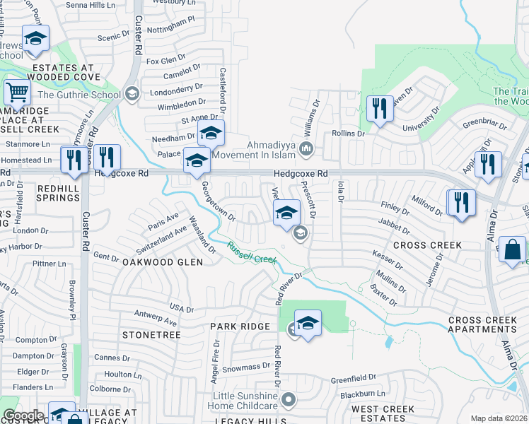 map of restaurants, bars, coffee shops, grocery stores, and more near 7809 Gibsland Drive in Plano