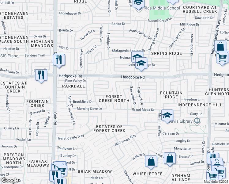 map of restaurants, bars, coffee shops, grocery stores, and more near 7809 Cherry Creek Drive in Plano