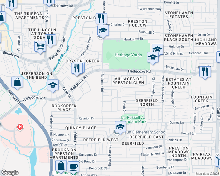 map of restaurants, bars, coffee shops, grocery stores, and more near 4601 Palm Valley Drive in Plano