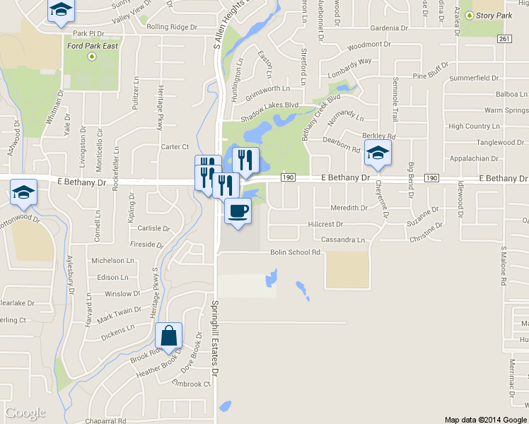 map of restaurants, bars, coffee shops, grocery stores, and more near 816 Westminister Avenue in Allen