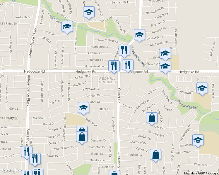 map of restaurants, bars, coffee shops, grocery stores, and more near 2213 Kittyhawk Dr in Plano