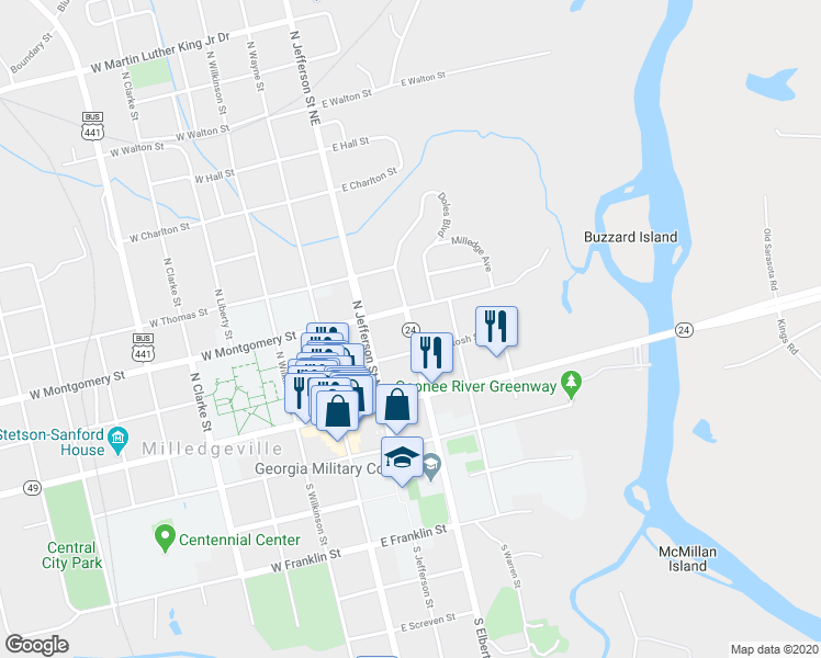 map of restaurants, bars, coffee shops, grocery stores, and more near 242 North Elbert Street in Milledgeville
