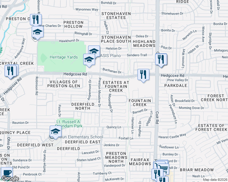 map of restaurants, bars, coffee shops, grocery stores, and more near 4400 Pearl Court in Plano