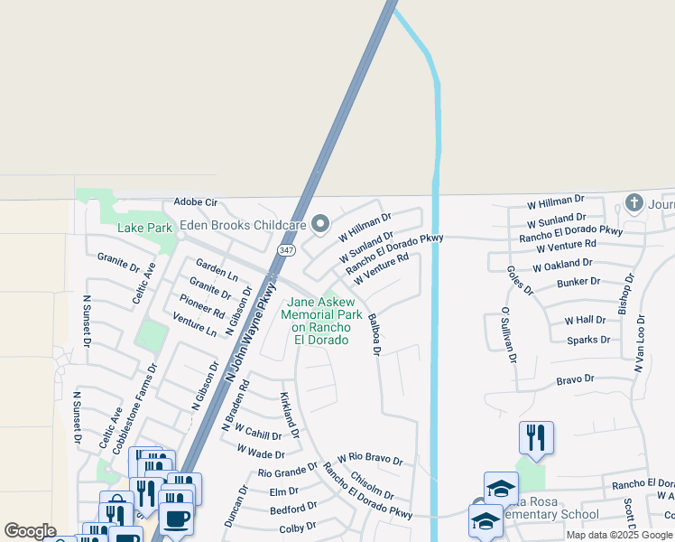 map of restaurants, bars, coffee shops, grocery stores, and more near 43463 Sunland Drive in Maricopa